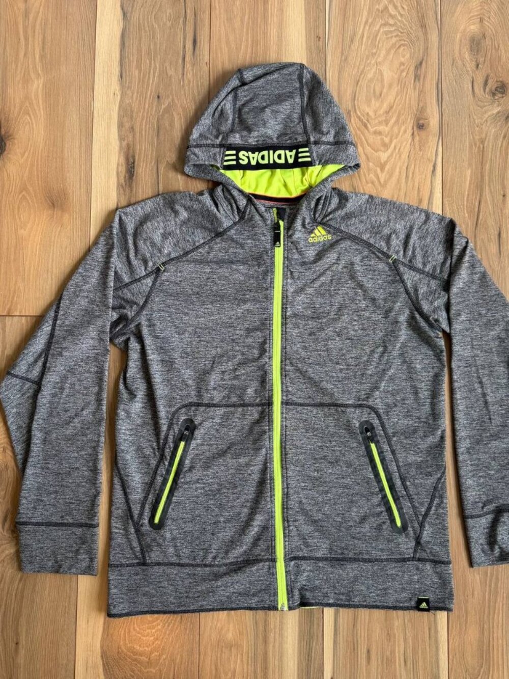 2013 Adidas Climawarm Full Zip Athletic Jacket Hoodie Gray Lime Green Size L
